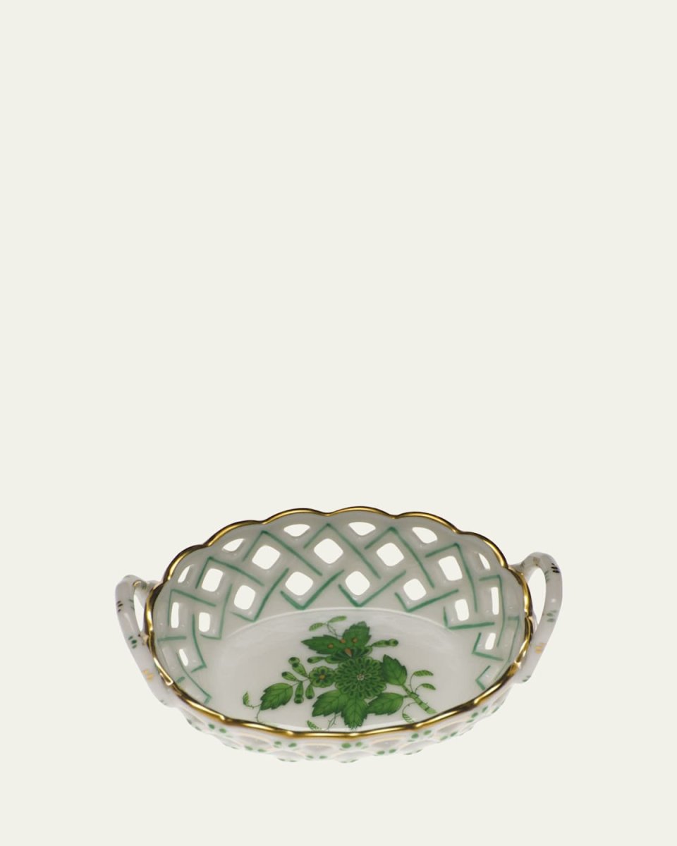 Chinese Bouquet Green Small Openwork Basket with Handles